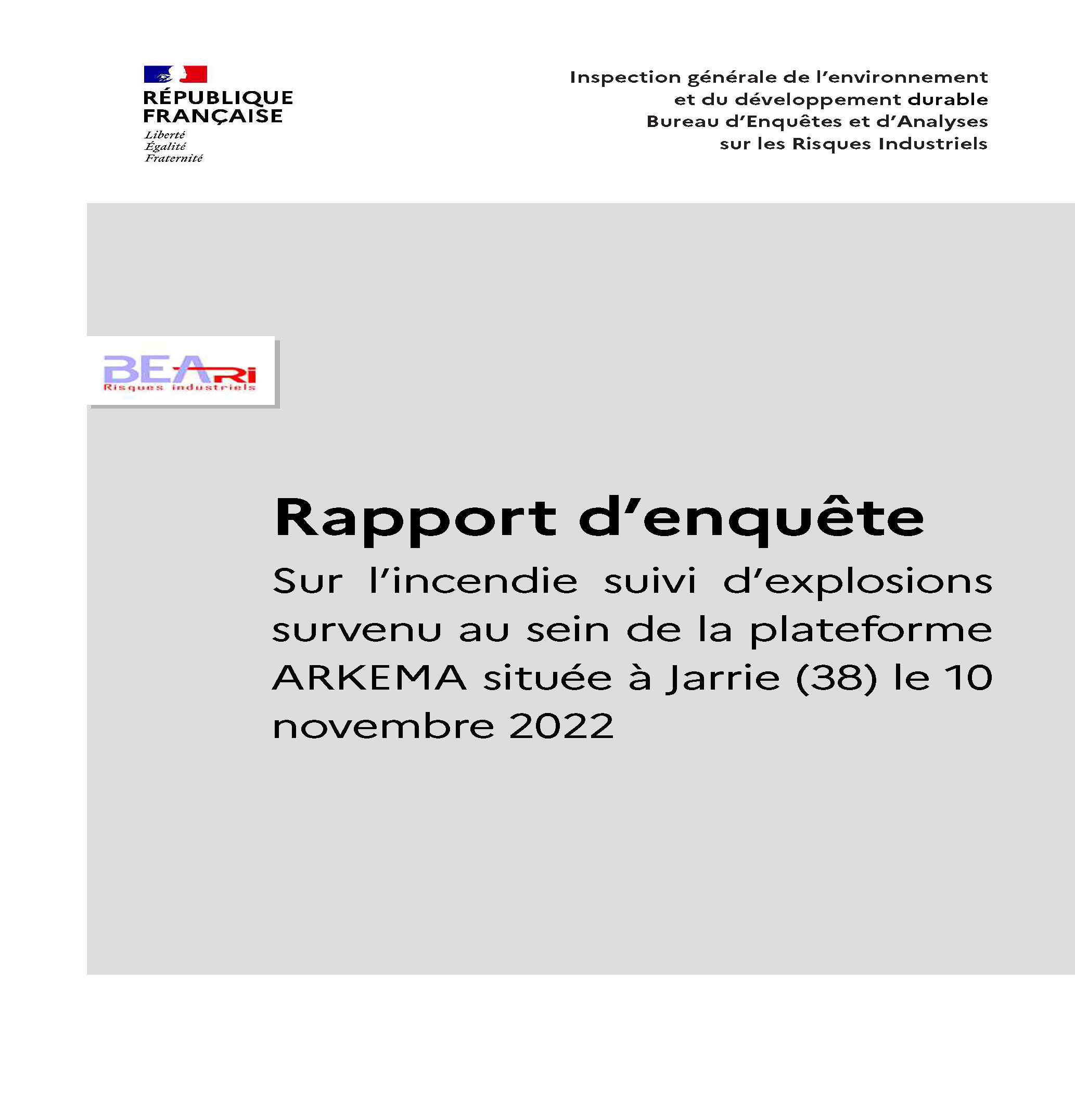 Rapport de l’enquête suite à l’accident d’Arkema du 10 novembre 2022